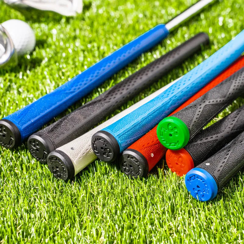 TPE non-slip golf club grip shown in multiple colour options including red, blue, and black.
