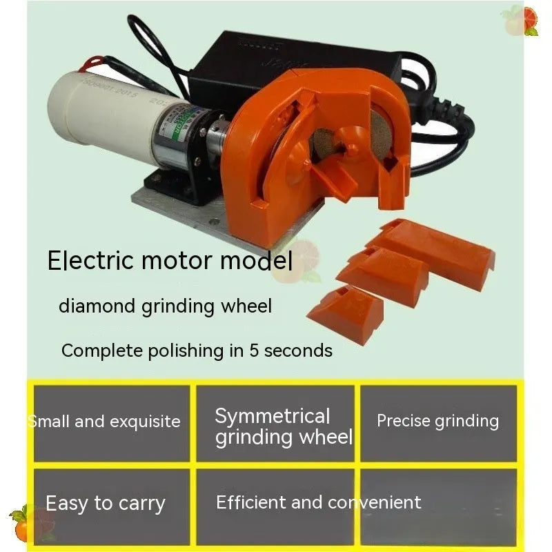 Universal portable grinding drill tool with orange and black sanding wheels attached for irregular surface work