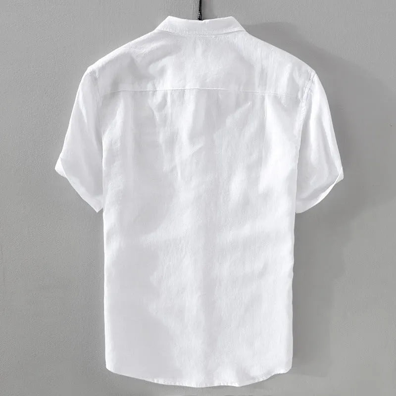 Men's short sleeve linen shirt in solid colour with loose fit design