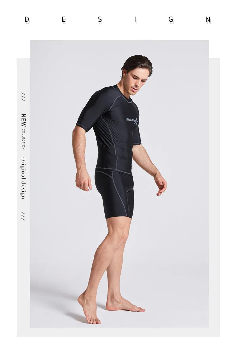 Men's quick-drying half sleeve swimsuit set in nylon for snorkelling and surfing activities