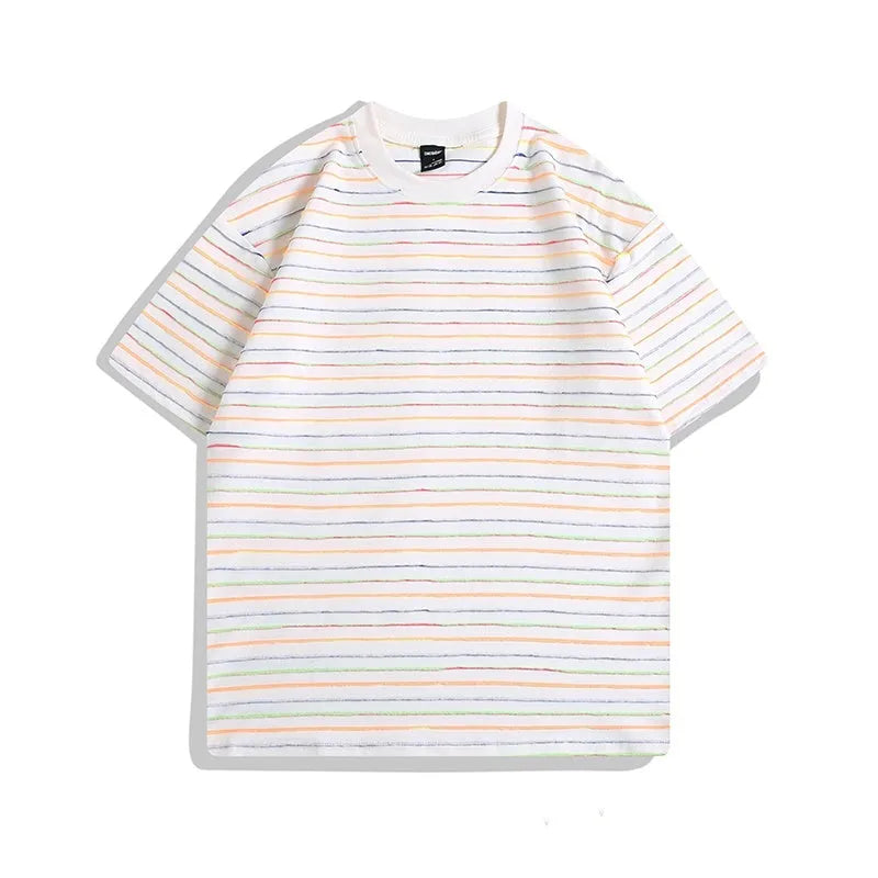 Loose fit striped colour couple's t-shirt with round neck and short sleeves in apricot, black, yellow, grey, pink