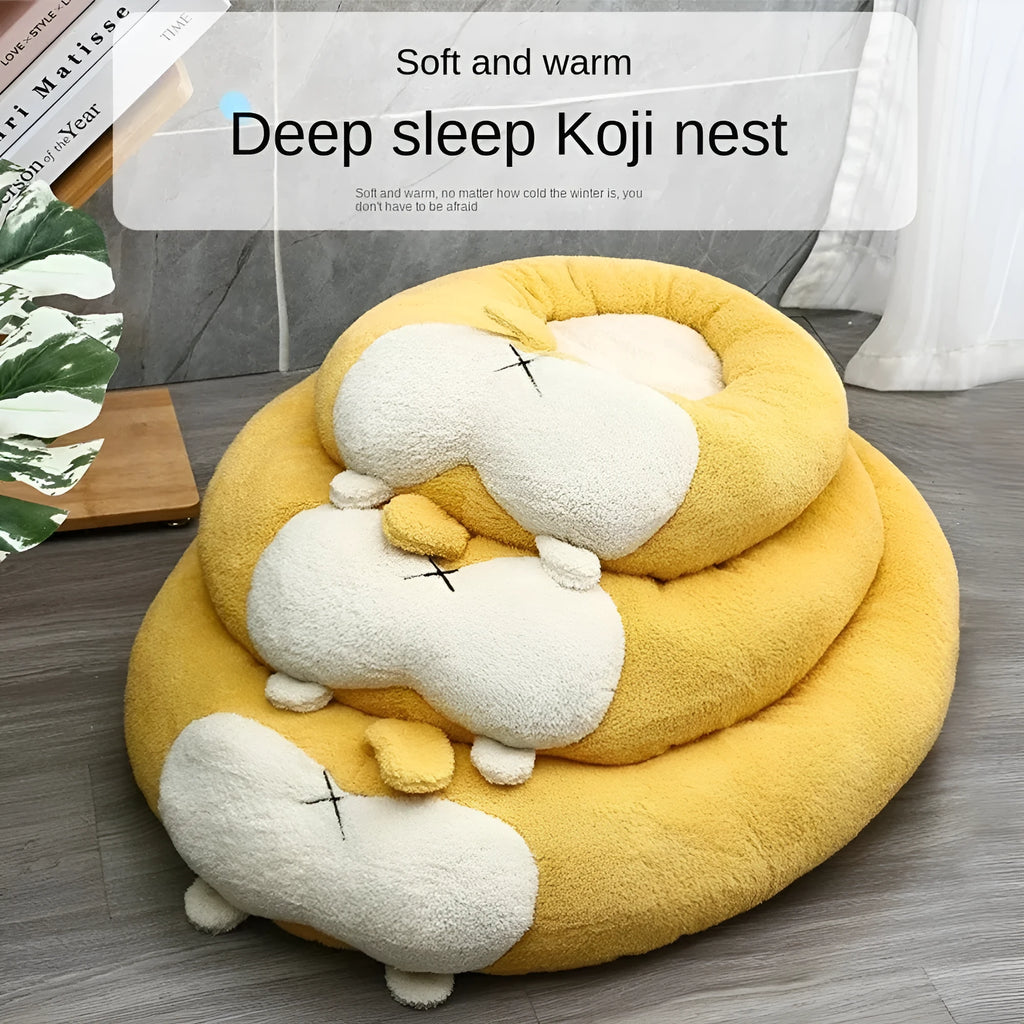 Corgi shaped plush pet bed for dogs and cats in three sizes, filled with PP cotton.