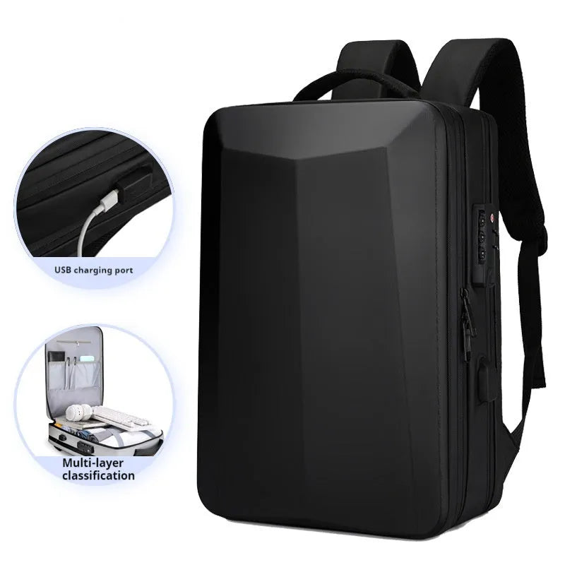Black waterproof Oxford cloth business backpack with curved shoulder straps showing splicing design details