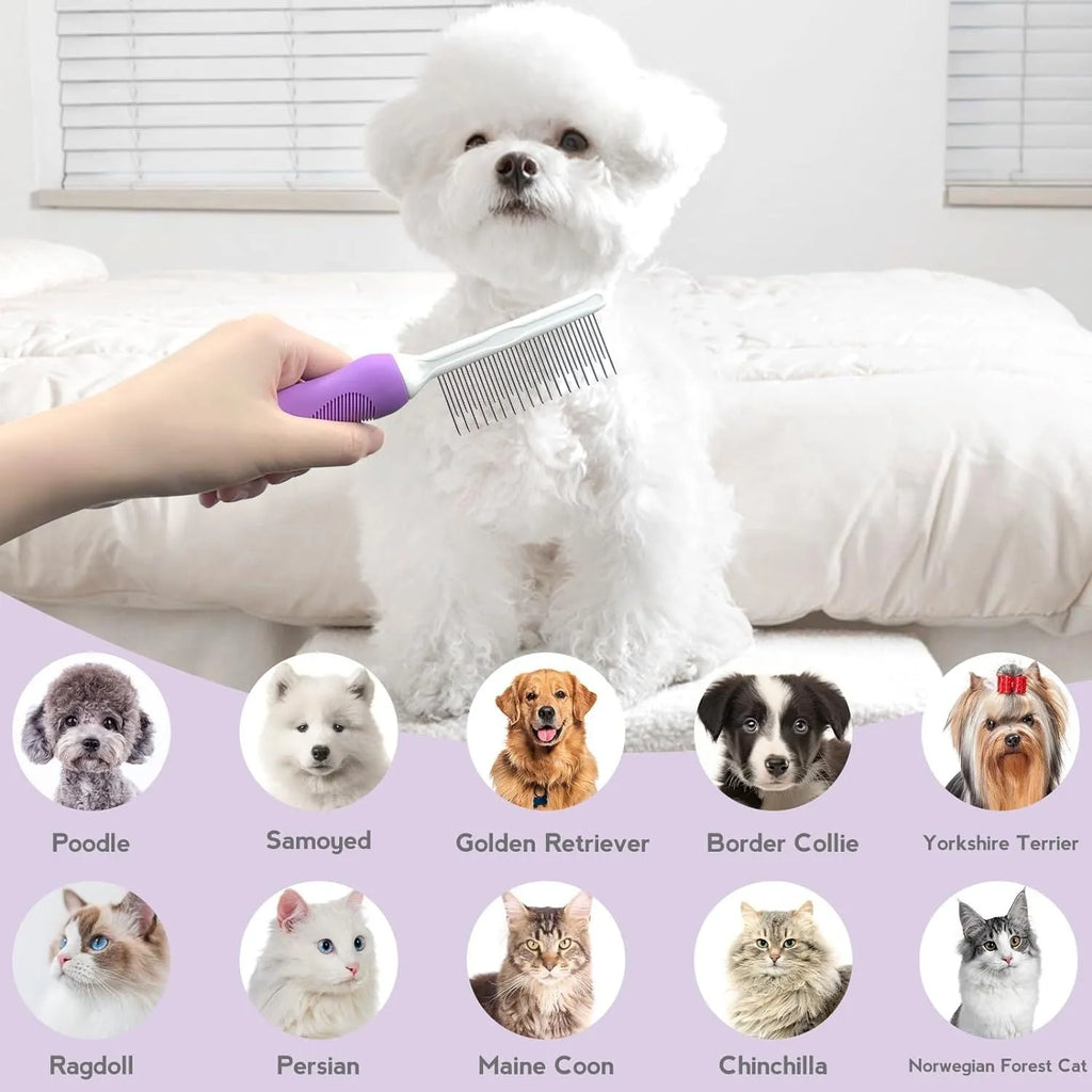 Purple pet grooming comb with stainless steel long and short teeth for detangling dog and cat hair