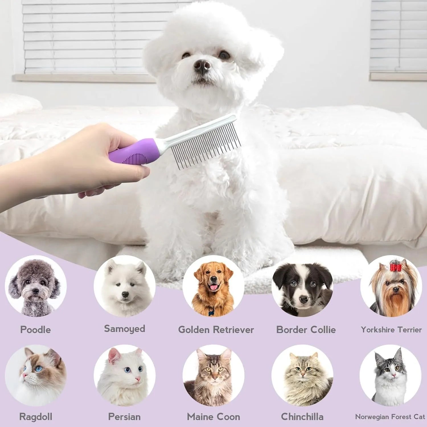 Purple pet grooming comb with stainless steel long and short teeth for detangling dog and cat hair