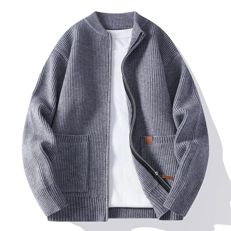 Men's striped sweater cardigan jacket in beige straight cut chemical fibre blend