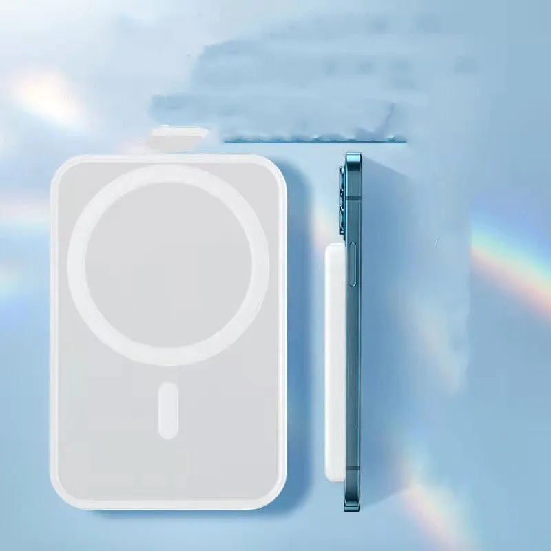 White magnetic wireless charging power bank with 5000mAh capacity measuring 100x65x16mm