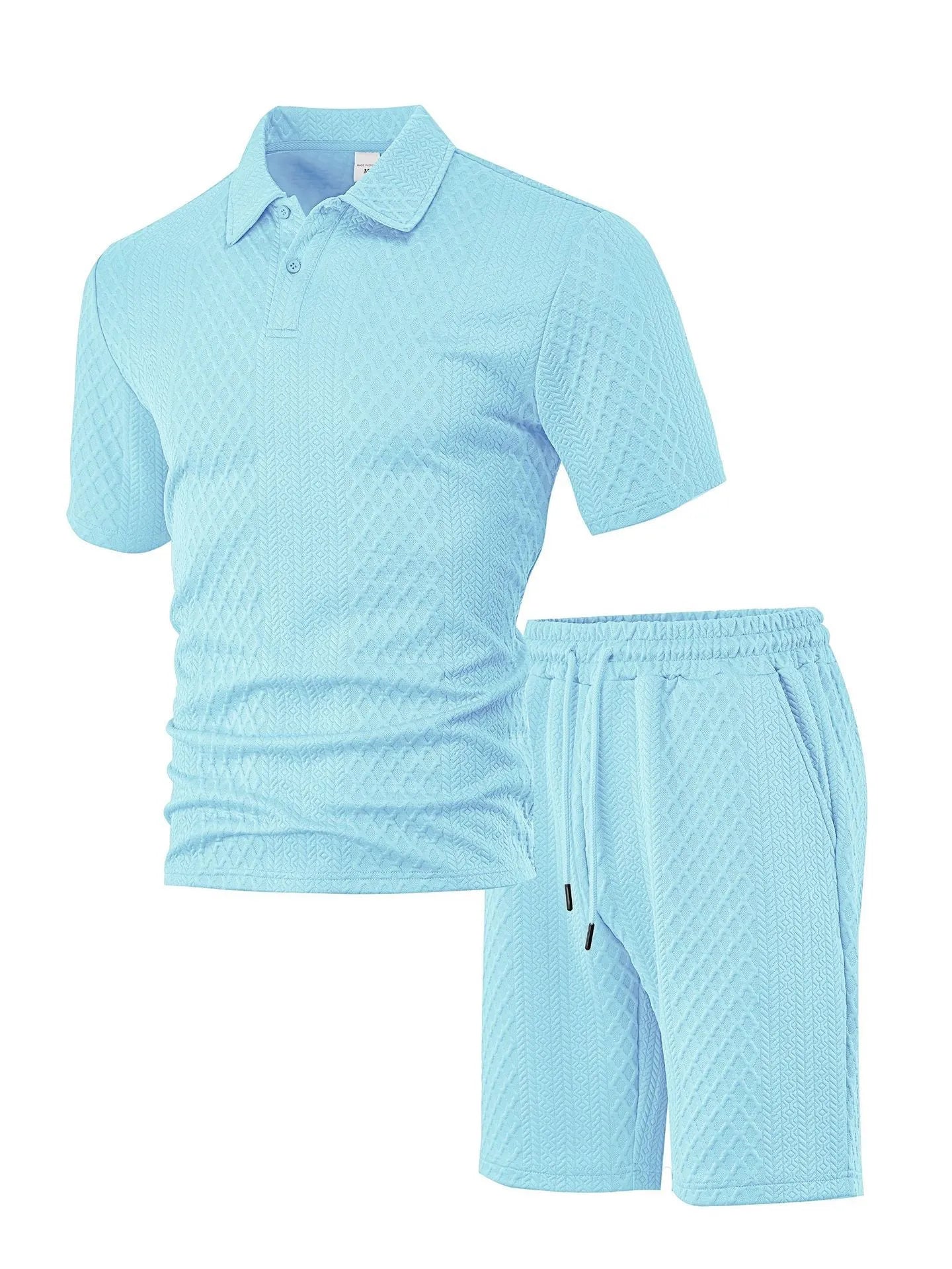 Men's figured cloth casual suit set with short sleeve polo shirt and matching trousers in multiple colour options
