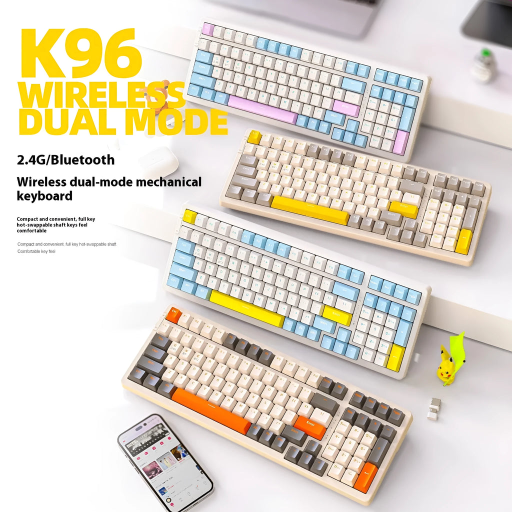 Free Wolf K96 wireless dual-mode mechanical keyboard in blueberry red switch version on a desk