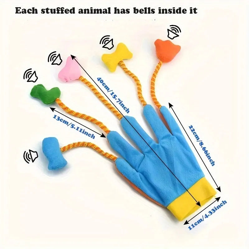 Yellow and blue plush glove cat toy with a bell, shown next to a 40 cm ruler for scale.