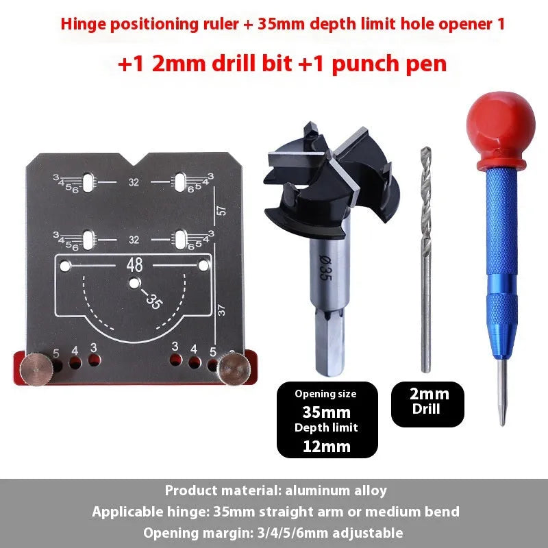 Red aluminium alloy hinge locating ruler with adjustable margin settings for 35mm cabinet hinges.