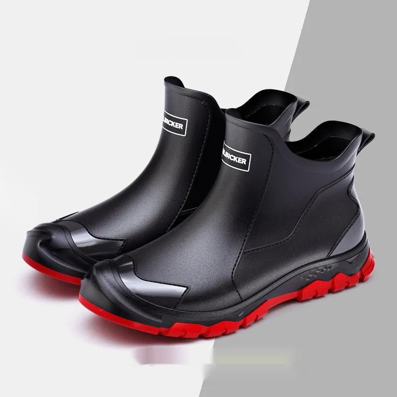 Korean style women's short tube PVC rain boots in black and red colour with round toe design