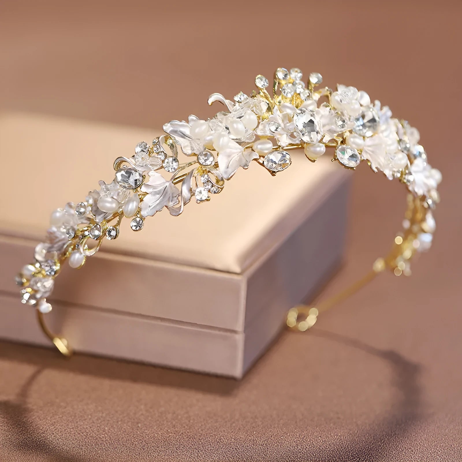 Gold or silver alloy crown headdress with pearl detailing for women's formal hair styling