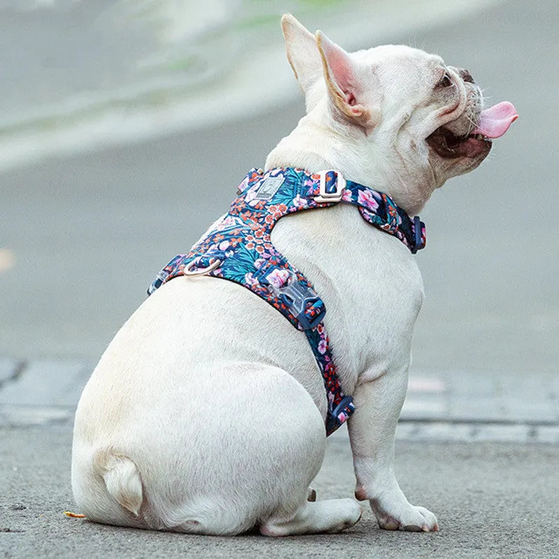 Floral pattern pure cotton dog harness vest shown in blue, green, and red colours on a size chart from XXS to XL.