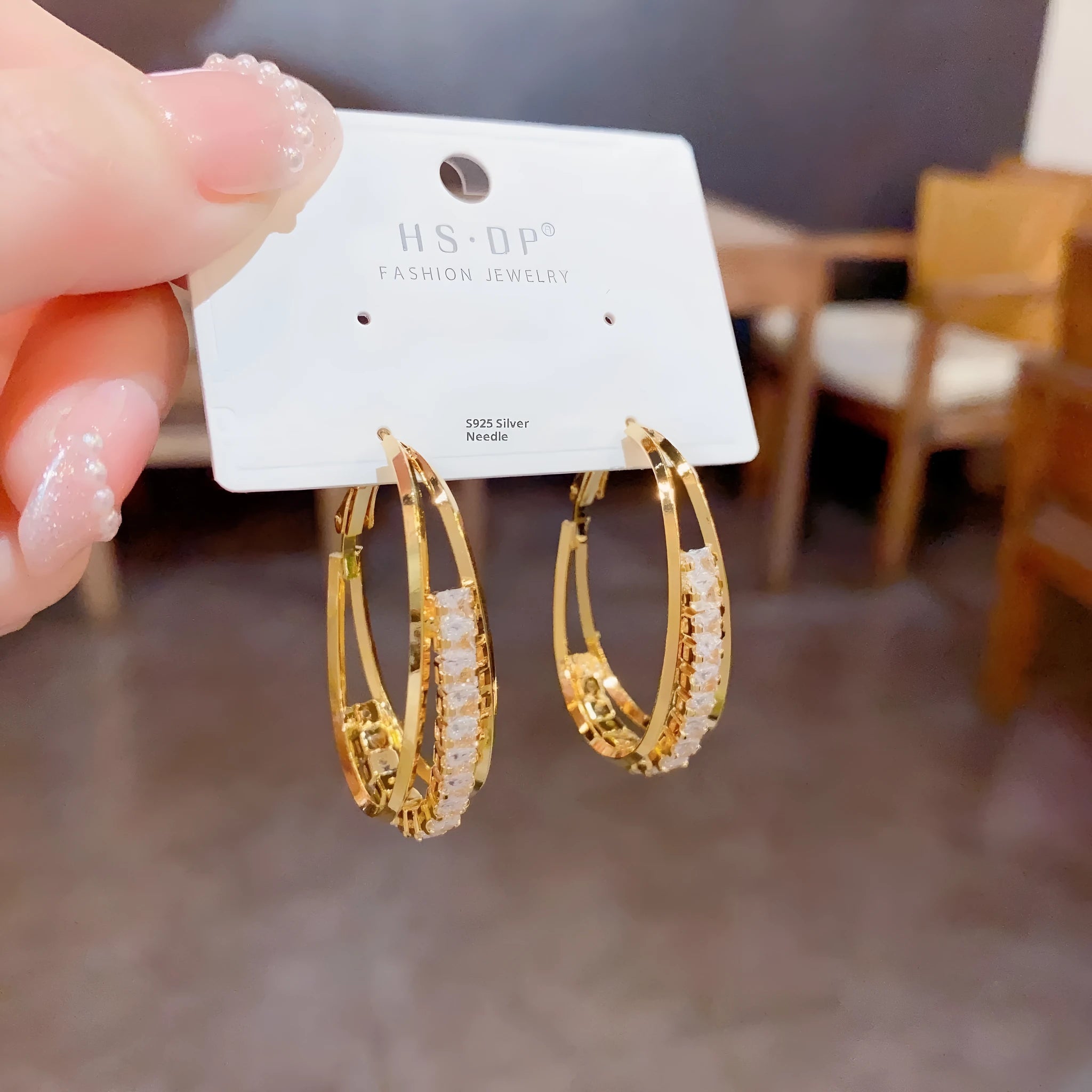 Fashion OL zircon oval ear ring, thick gold plated copper, geometric women earring