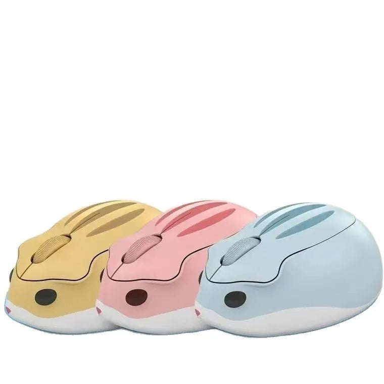 Hamster Bluetooth wireless mute mouse in yellow, pink, or gray colour showing compact 105x73x41mm size