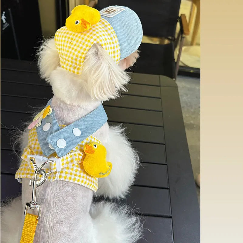Three-piece pet harness and leash set with wire rope pulling and cute hat for cats and small dogs