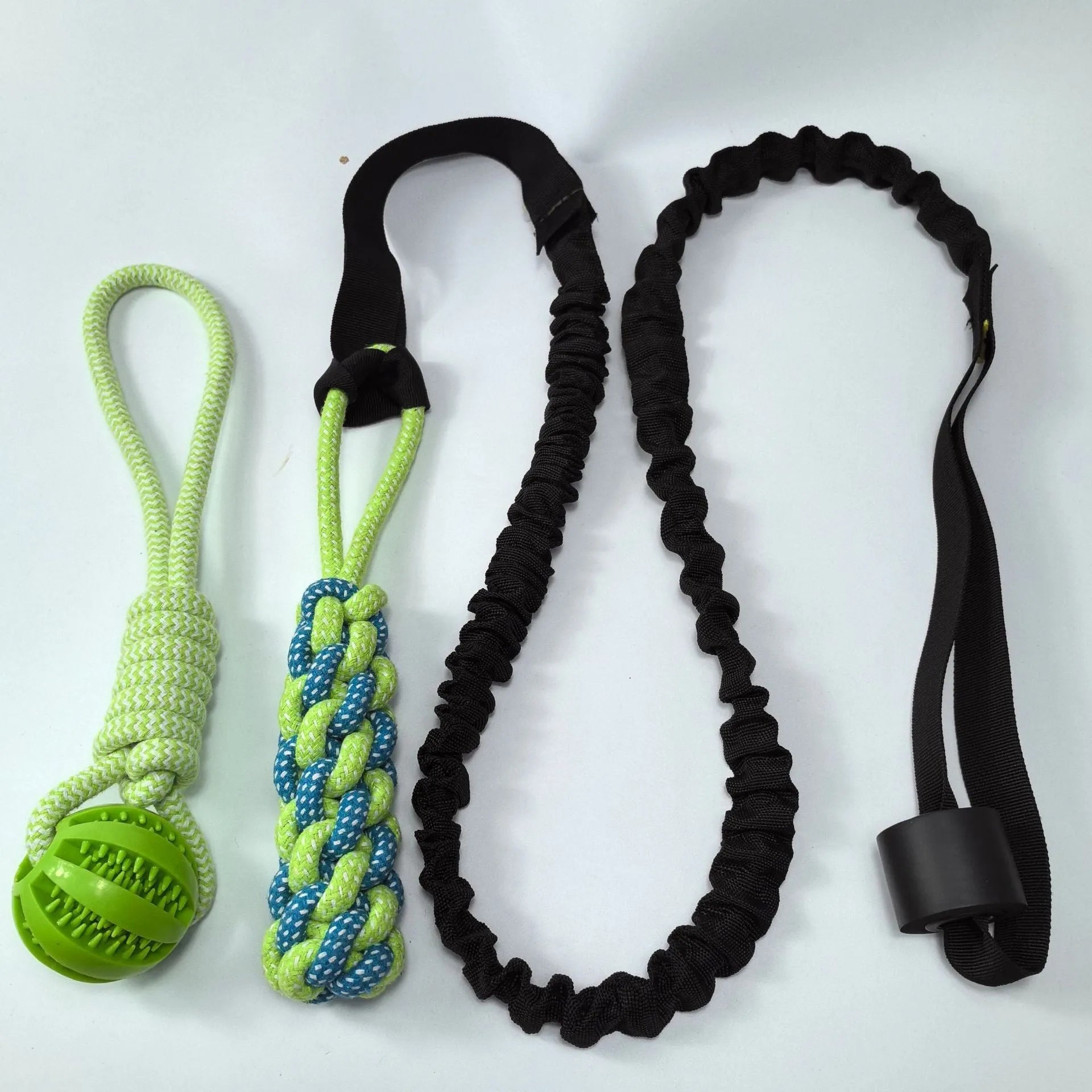 Green cotton rope dog tug toy with ball topper for tug of war games