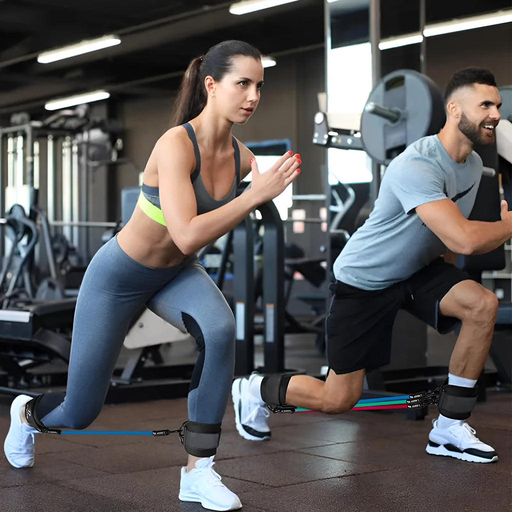 TPE resistance band set in three tension levels with ankle buckles and foot loops