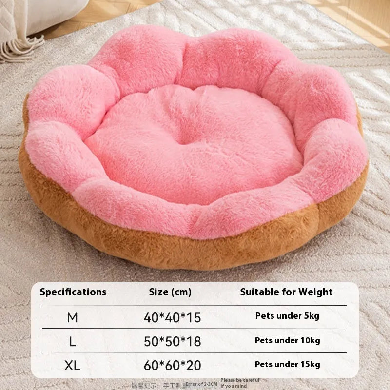 Round rabbit plush cat bed in brown grey colour showing detachable design