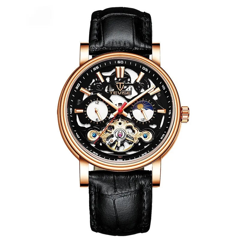 Men's black mechanical wristwatch with tourbillon detail and luminous hands on a leather strap.