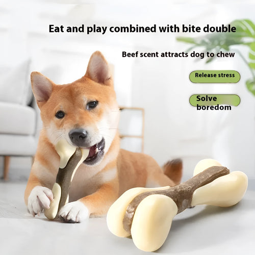 Cowhide and nylon bone grinding rod dog chew toy shown in two colour-coded sizes.