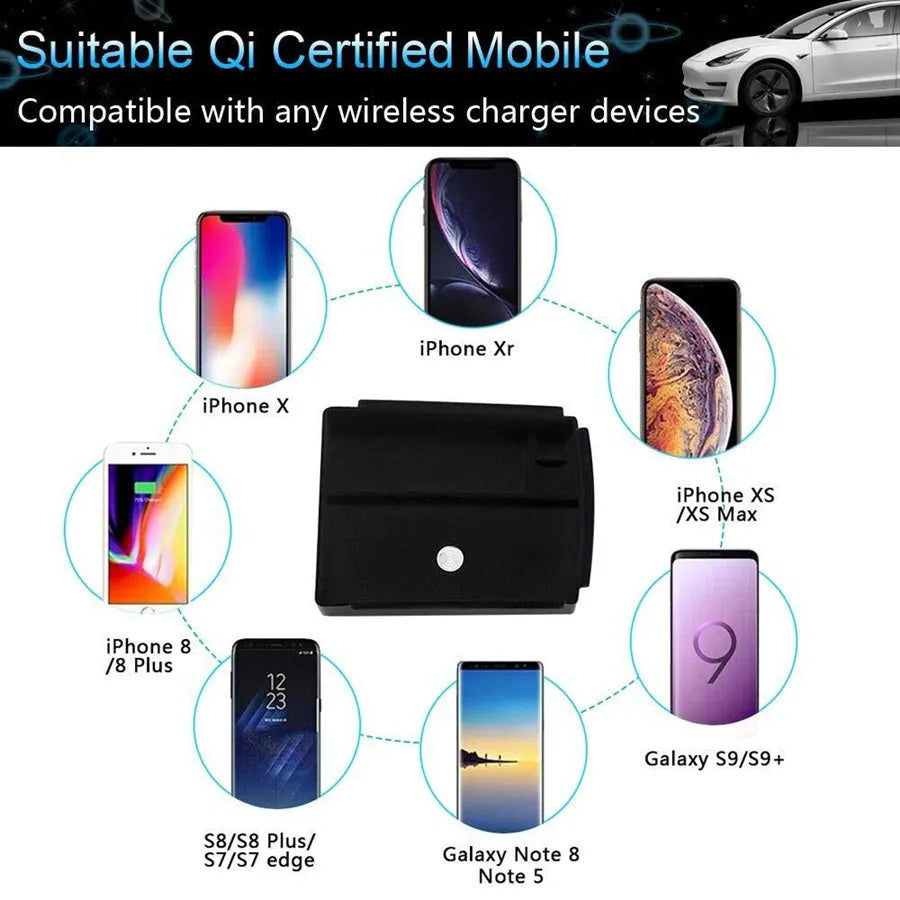 Black wireless charging storage box with Qi compatibility and base support for device organisation