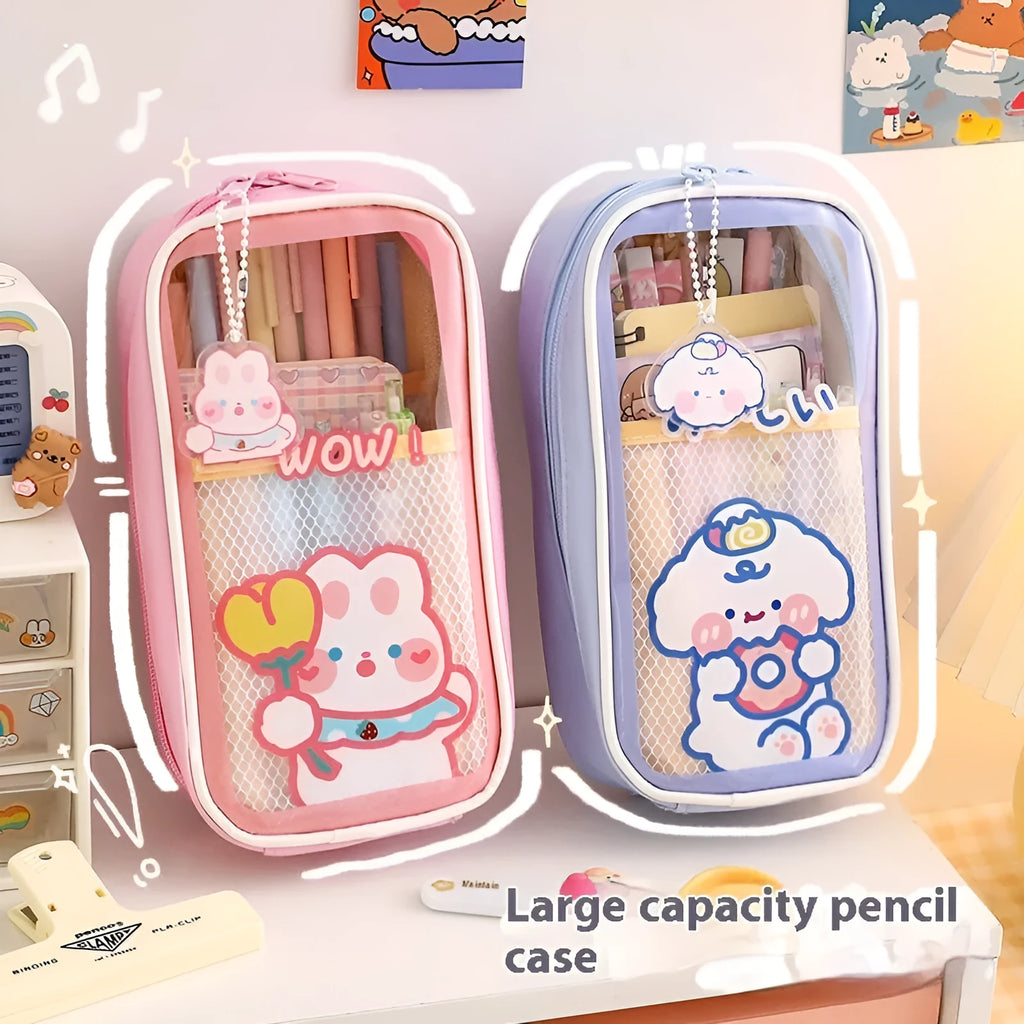 Transparent PVC pencil case with South Korea style cartoon design and large capacity for stationery