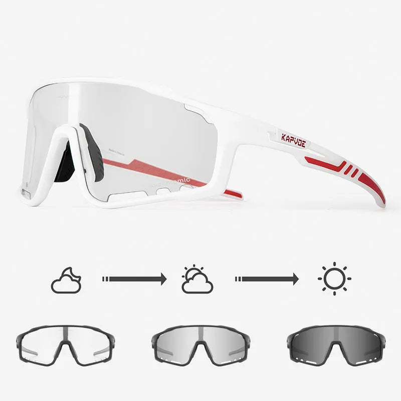 TR90 semi-rimless cycling sunglasses with photochromic lenses, shown in multiple colour options.