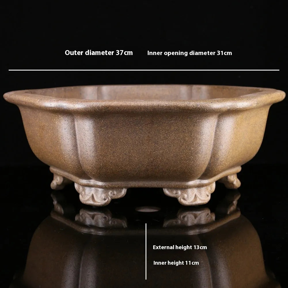 Handmade purple sand plant basin with hexagonal design for bonsai display