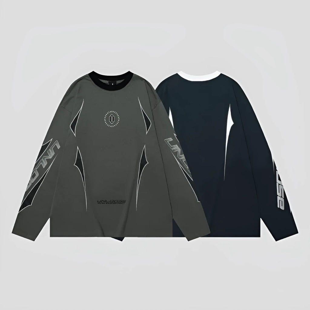 A man's grey khaki cotton pullover with drop shoulders, long sleeves, a round neck, and a printed letters pattern.