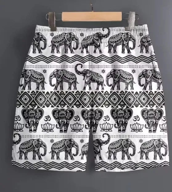 Men's casual polyester shorts in various patterns with Asian sizing from S to 5XL