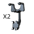 Black rearview mirror phone holder for car showing 360° rotation and retractable arm