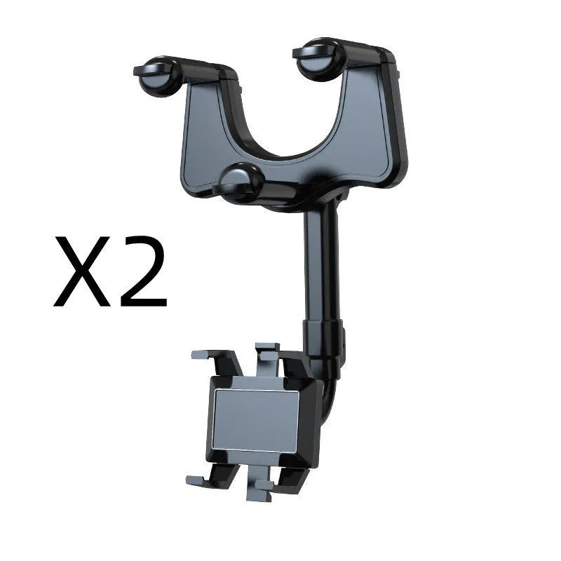 Black rearview mirror phone holder for car showing 360° rotation and retractable arm