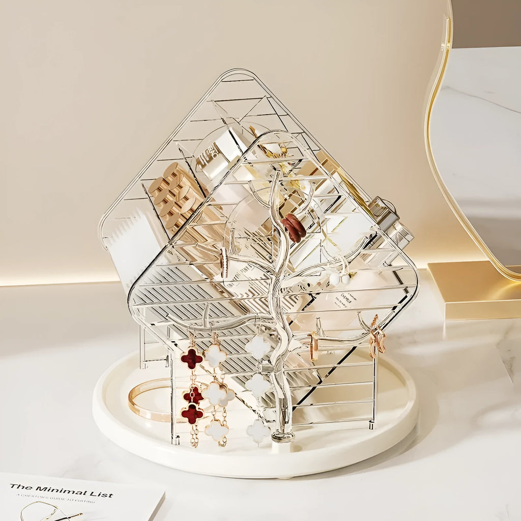 Rotating multi-tiered cosmetics storage box in clear transparent plastic on a wooden surface.