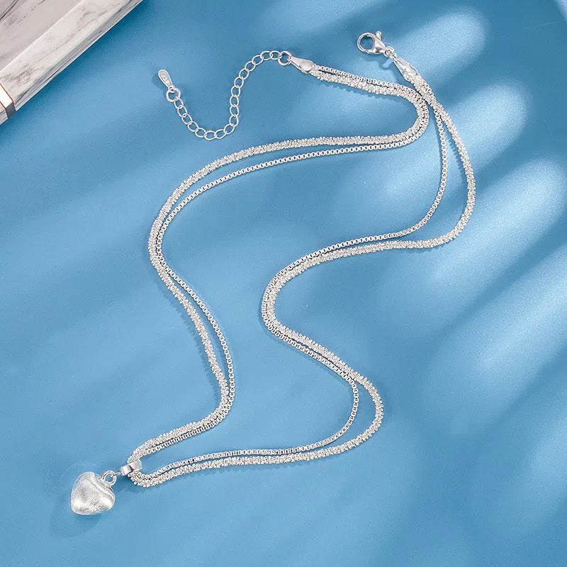 Double layer brushed heart pendant necklace for women, copper with electroplating, water wave chain