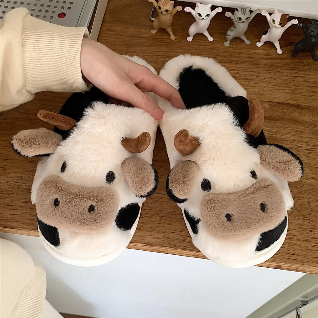 White cartoon cow plush slippers with anti-slip PVC soles for women