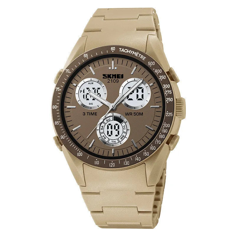 Electronic casual watch with camouflage pattern, resin mirror, and TPU strap showing 50m waterproof rating