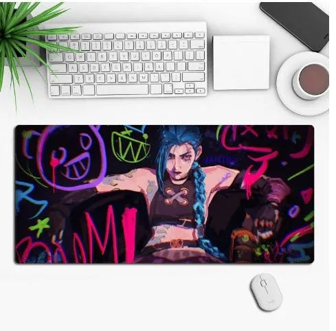 Hot anime series gaming mouse pad with colourful graphic, shown on a desk with a mouse.