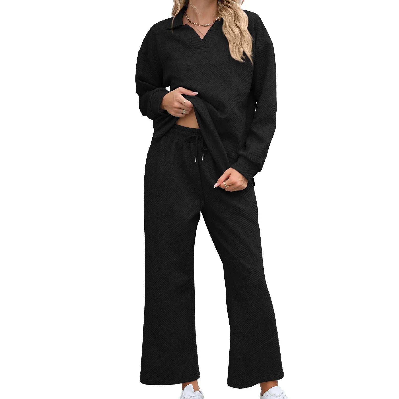 Women's knitted jacquard two-piece suit with geometric pattern detail in solid colour with long sleeves and elastic waist trousers