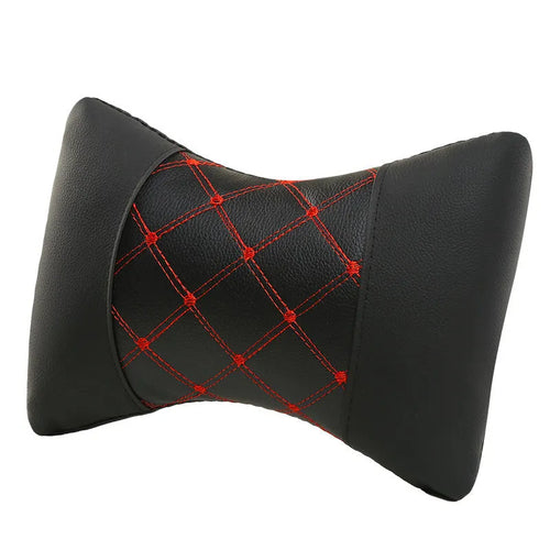 Black quilted artificial leather car headrest neck pillow with diamond pattern for cervical support.