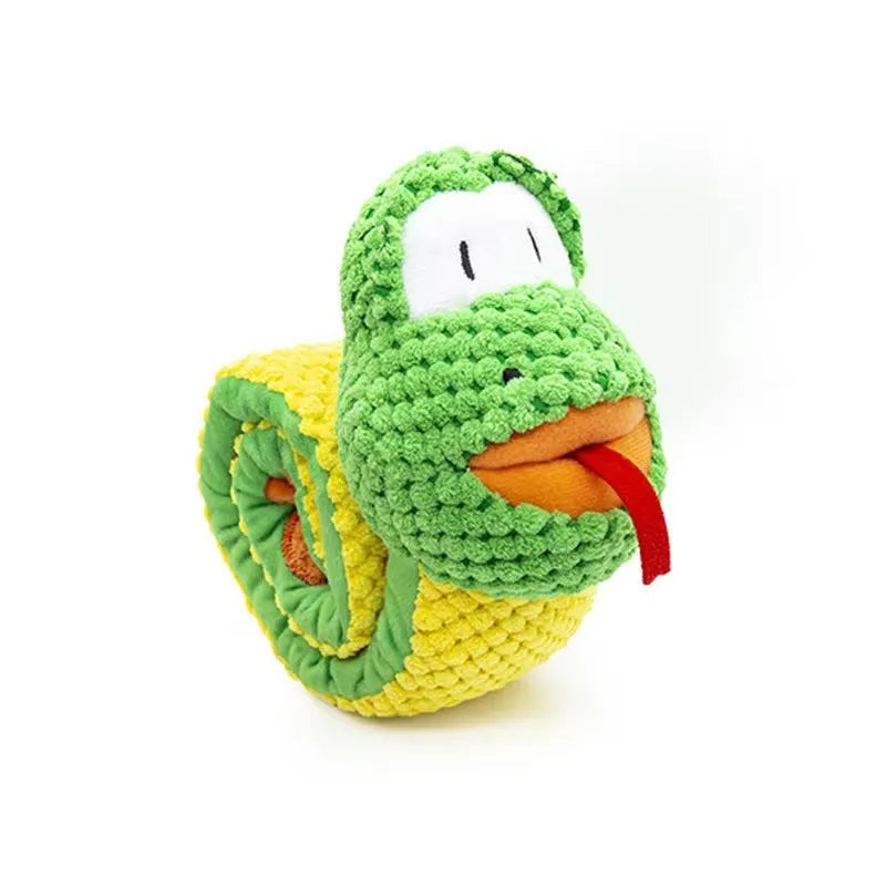 Reversible velvet dog toy shaped like a snail or stick with hidden food holes for foraging training.