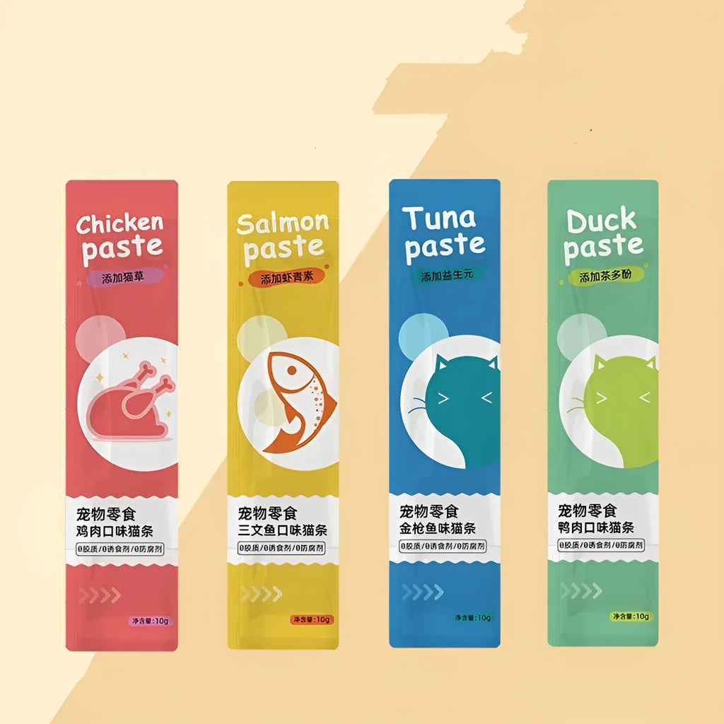 Pack of 10 cat strip snacks in four different flavours for adult cats.