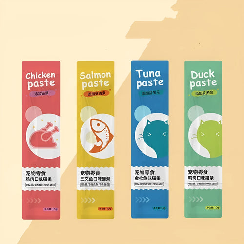 Pack of 10 cat strip snacks in four different flavours for adult cats.