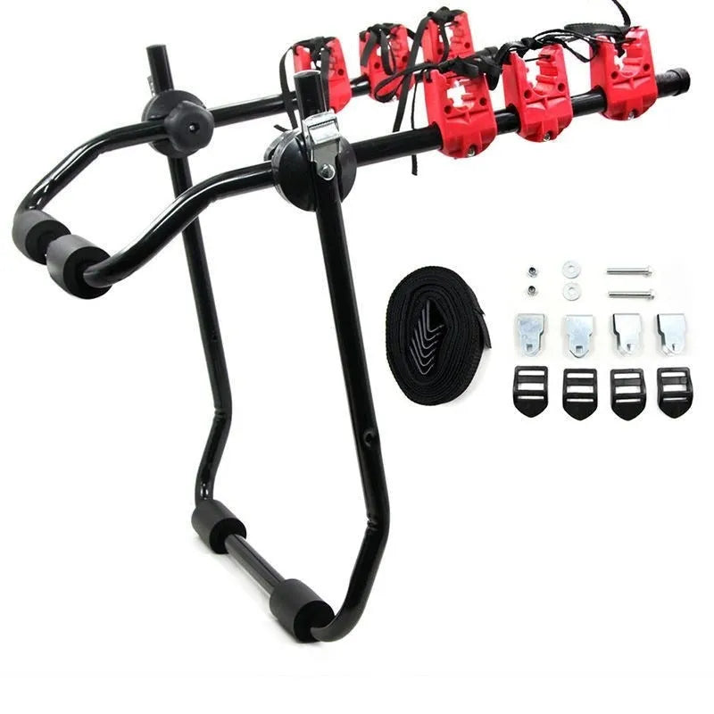 Black and red car trunk mounted bicycle rack holder with iron frame measuring 73x50cm