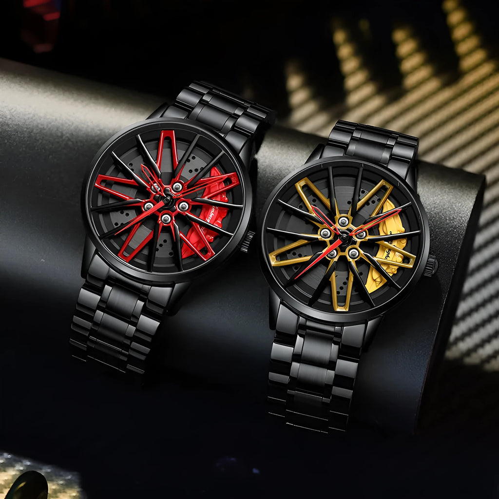 Three-dimensional hollow forged men's quartz watch with all-black rotating bezel and red steel belt on wrist