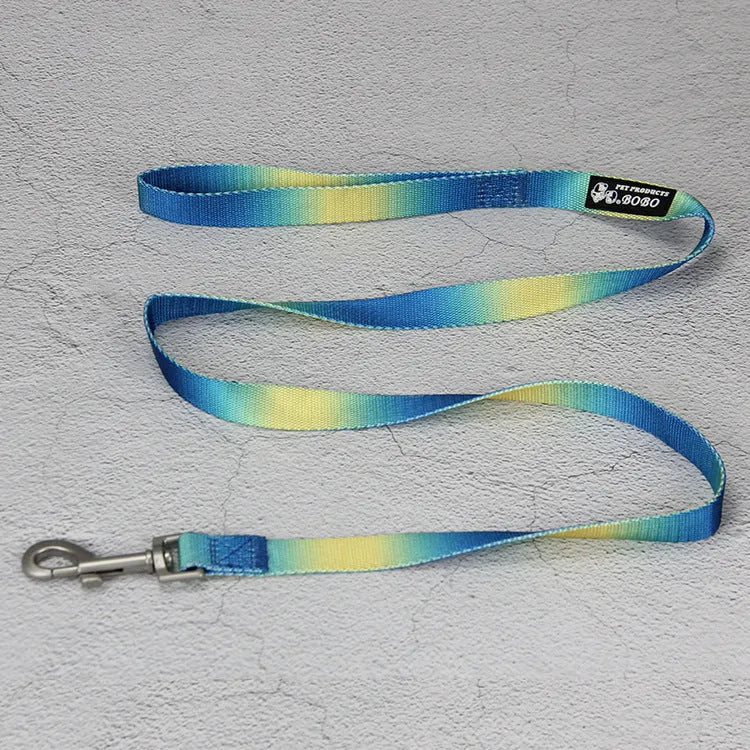 Nylon dog leash and gradient colour collar set in pink and blue, showing S and M size options.