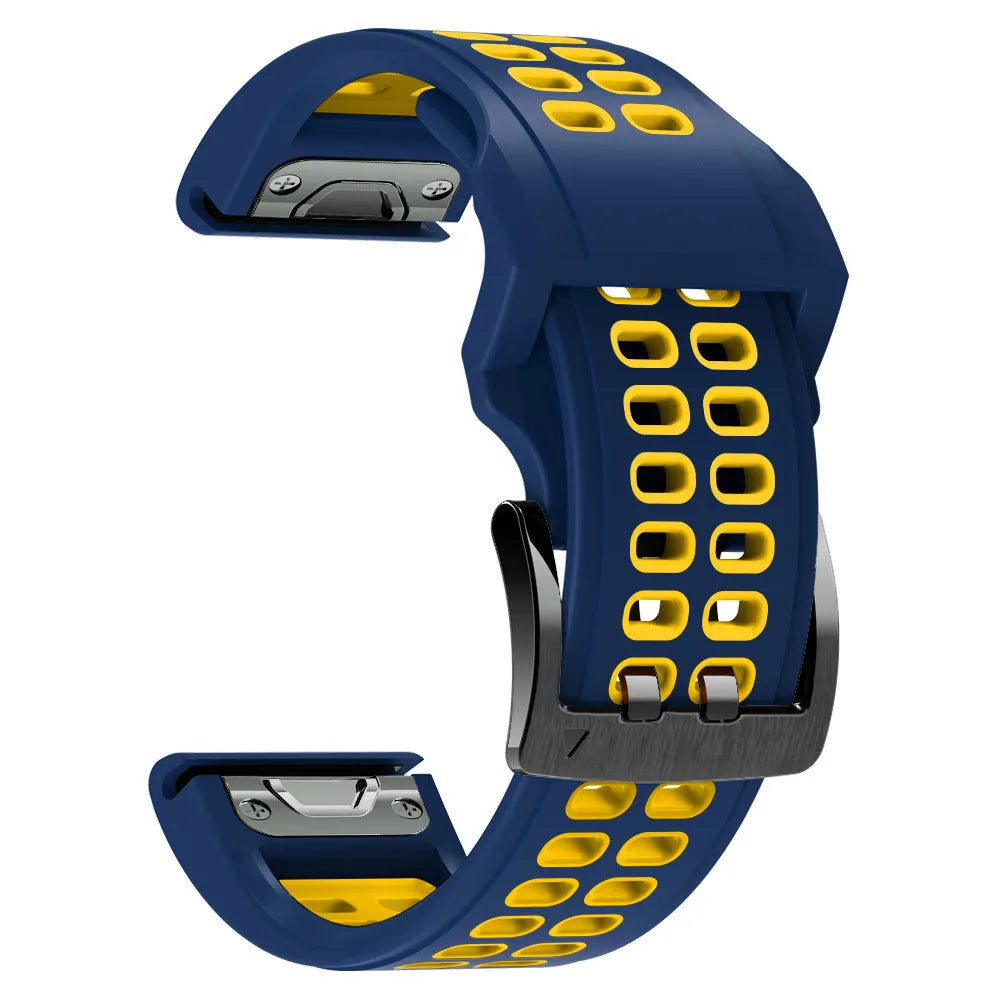 Two-colour silicone quick release watch strap with pin buckle in black and orange combination