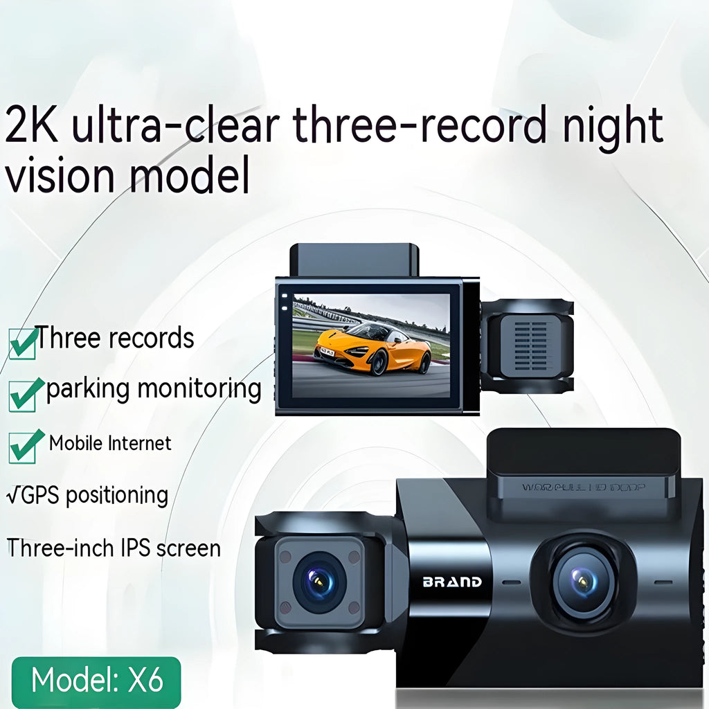 Black dash camera with 5-inch screen mounted on car windscreen showing GPS and WiFi functions