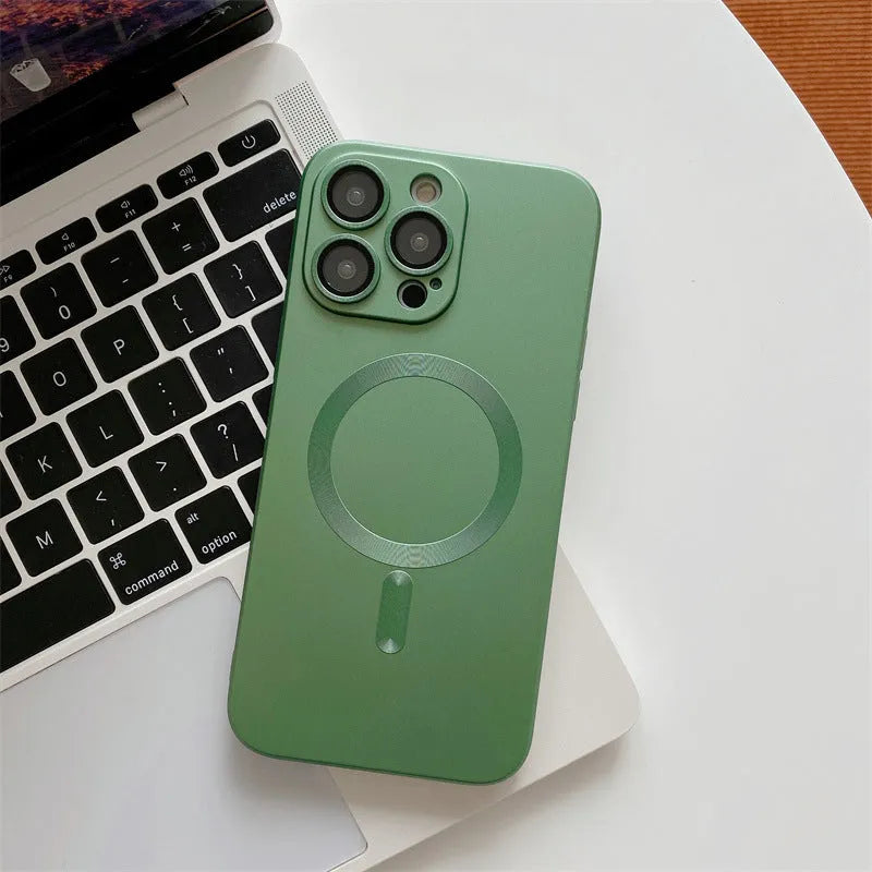 Aluminium alloy frame magnetic snap-on protective case for iPhone in five colour options.
